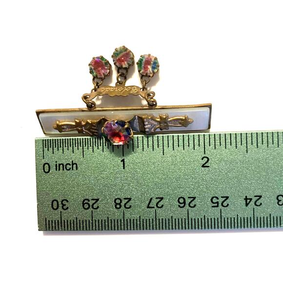 Antique Czech Iris Glass and Mother of Pearl State Souvenir Dangle Brooch - Picture 8 of 8